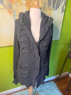 Roommates Hooded Cable Knit Cardigan Sweater - Charcoal Gray